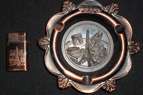 Large Combination Copper Tone Metal Ashtray with Matching Electric Lighter