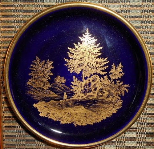 Vintage Decorative Framed Porcelain Blue and Gold Plate