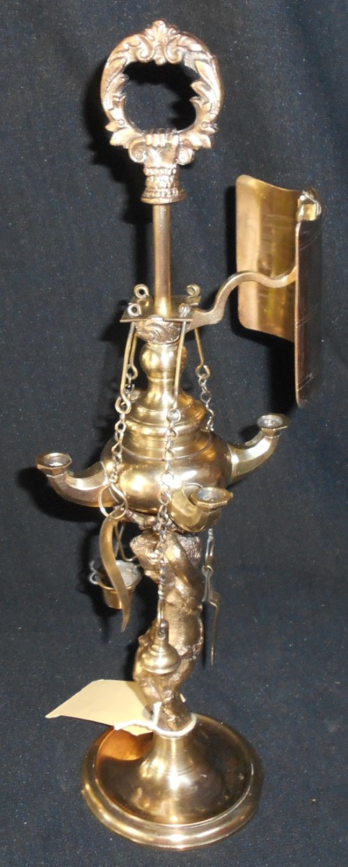 Antique Brass French Italian Figural Whale Oil Lamp with Reflector & Tools