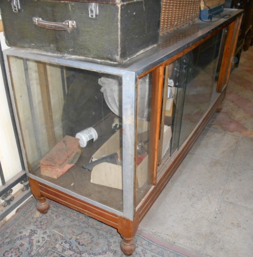 Large Teak Glass Display Case with Chrome Frame Accents