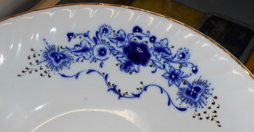 Vintage Romanian Veritabil Cobalt Flow Blue Floral and Gold Gilt Serving Bowl