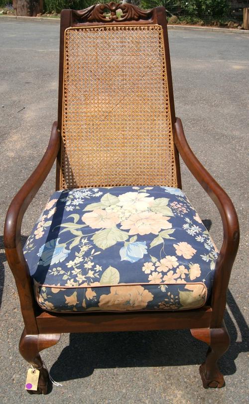 Antique Imbuia Rattan Queen Anne Arm Chair w/Cushion