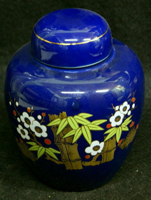 Vintage Asian Ceramic Vase / Urn with Lid - Cobalt Blue - Flowers