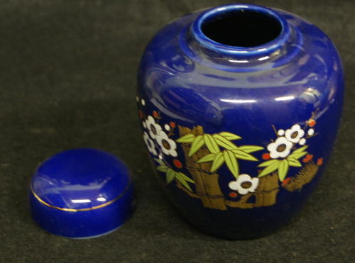 Vintage Asian Ceramic Vase / Urn with Lid - Cobalt Blue - Flowers