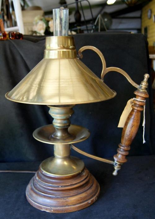 Vintage 1960's Large Brass and Wood Hurricane Lamp