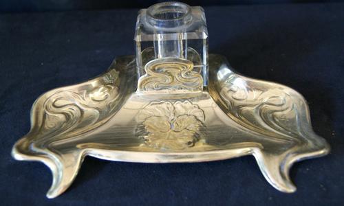 Beautiful Art Nouveau Style Brass Inkwell