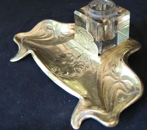Beautiful Art Nouveau Style Brass Inkwell