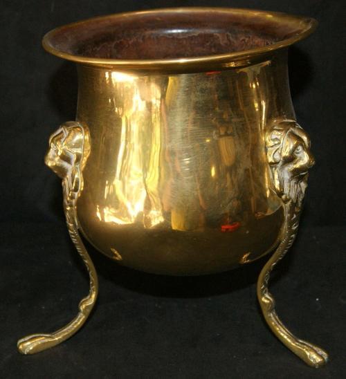 Antique Tall Solid Brass Elegant Pot On Paw Feet With Lion Head Detail