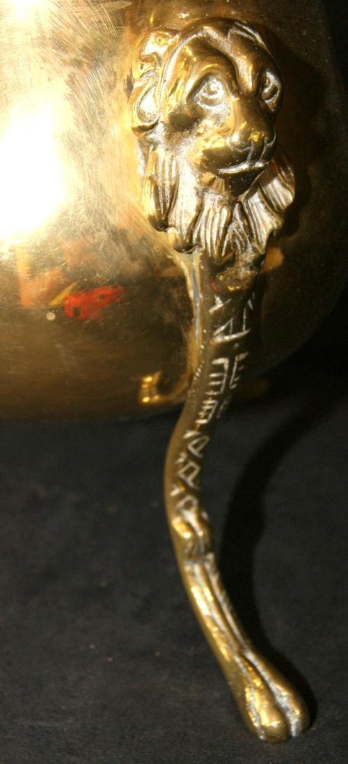 Antique Tall Solid Brass Elegant Pot On Paw Feet With Lion Head Detail