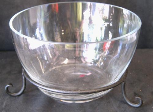 Large Glass Bowl with Wrought Iron Stand