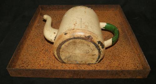 Vintage Enamel Teapot inside Rusted Metal Frame