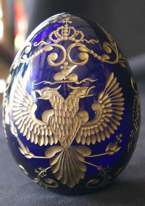 Vintage Faberge Cobalt Blue Double Headed Eagle Glass Crystal Egg Paper Weight