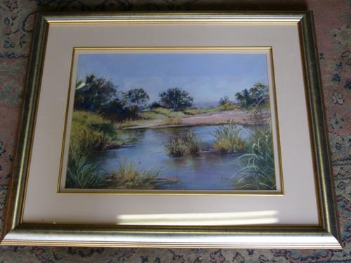 Original Large Mantel Pastel Landscape Picture in Metallic Frame