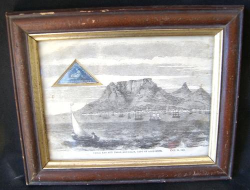 Vintage Small Framed Etching with Four Pence Postage Stamp