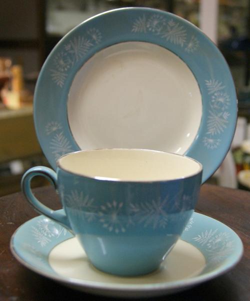 Vintage Midwinter Staffordshire Bone China Porcelain Duck Egg Blue Teacup Trio