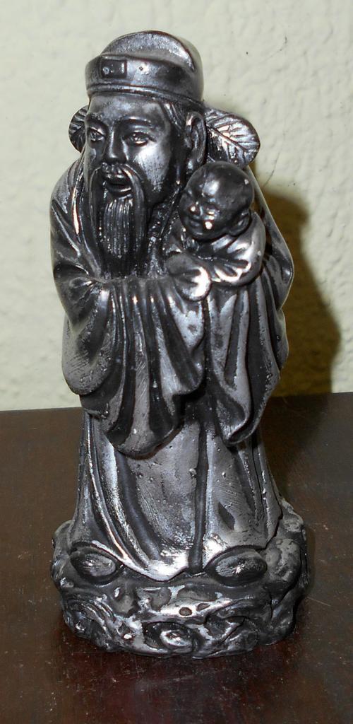 Vintage Silver Metal Painted Ceramic Chinese Man with Child Figurine