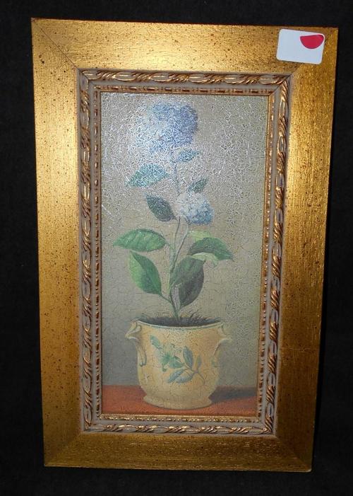 Vintage Glazed Potted Plant Oil Painting with Gold Frame