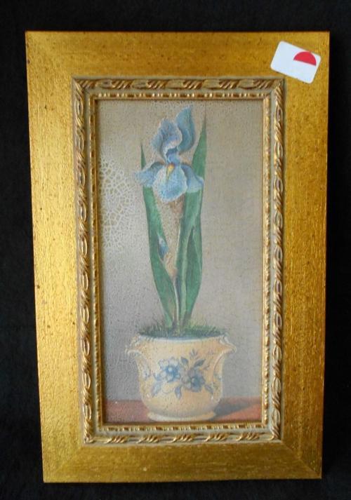 Vintage Glazed Potted Plant Acrylic Painting with Gold Frame