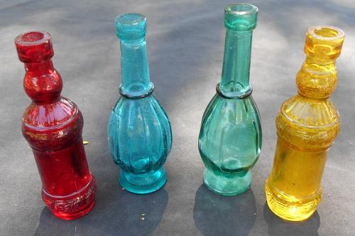 Vintage Set of 4 Retro Coloured Glass Bottles 