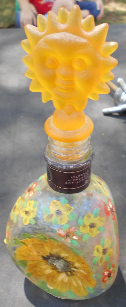 Lovely Painted Wine Bottle with Sun Flower Glass Stopper
