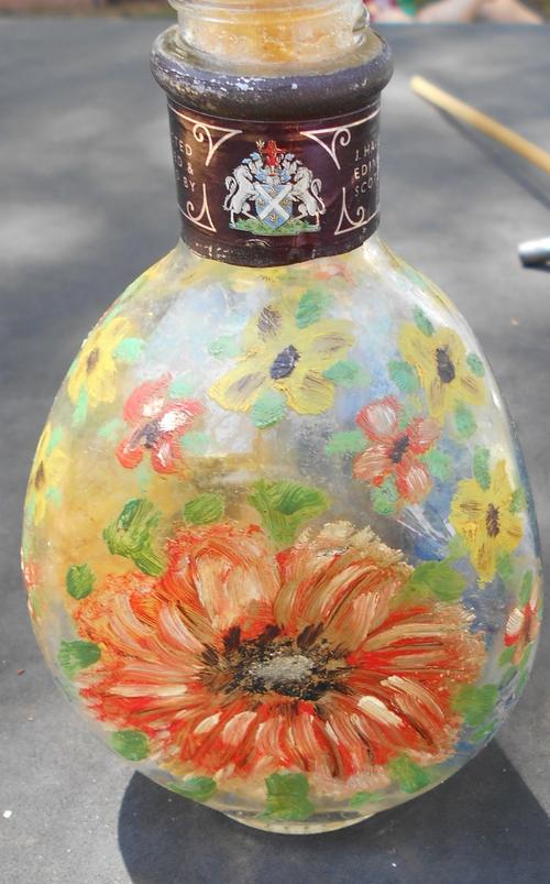 Lovely Painted Wine Bottle with Sun Flower Glass Stopper