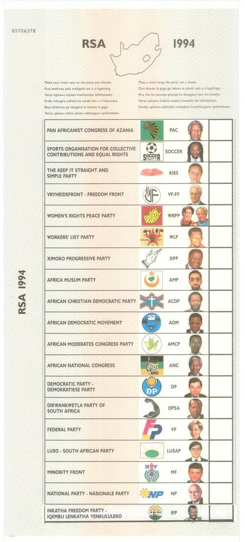 Documents R.S.A. official 1994 National ballot paper was sold for R45