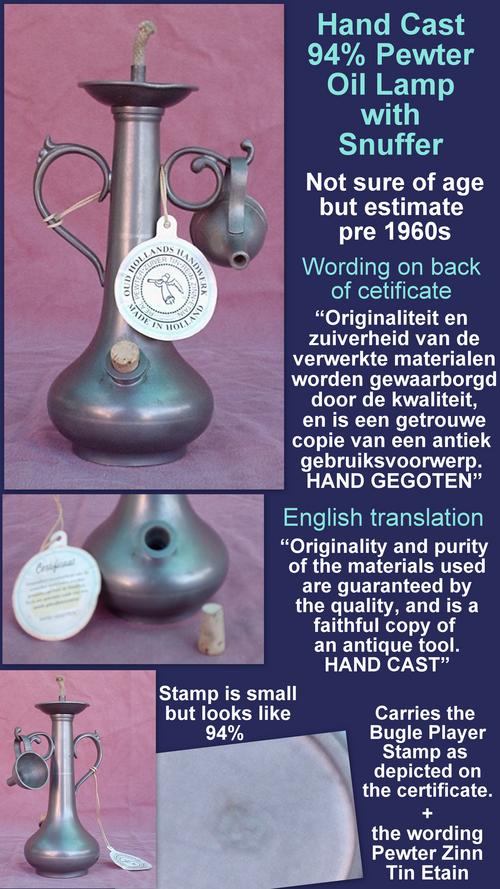 hand cast dutch pewter oil lamp 94% certificate oud hollands handwerk real zuiver tin rein zinn etain made in hollandhand gegoten