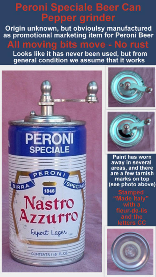 peroni beer can pepper grinda made italy fleur de lis vintage marketing promotional