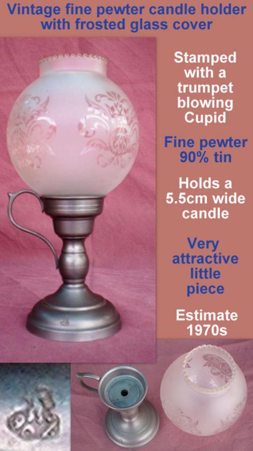 vintage fine pewter 90% cupid trumpet bugle candle holder glass 