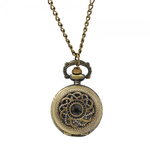 Antique Style Hollow Flower Brass Quartz Pocket Watch With Chain