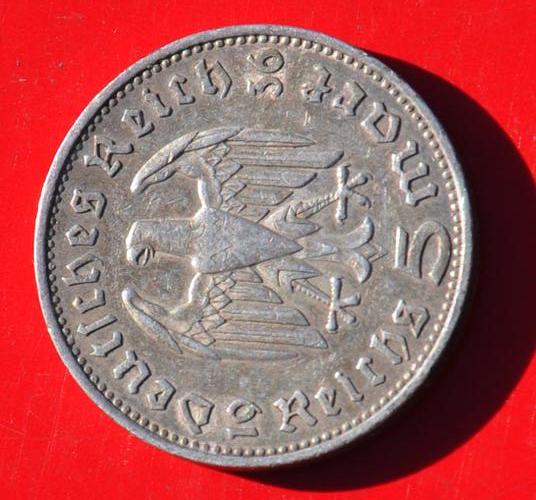 Europe - DEUTSCHES REICH 5 REICHSMARK 1936 F HINDENBURG Rare German 90% ...