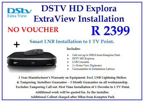 Buy 1 DSTV HD Explora Decoder Extra View Installation  NO VOUCHER, to 1 TV point.