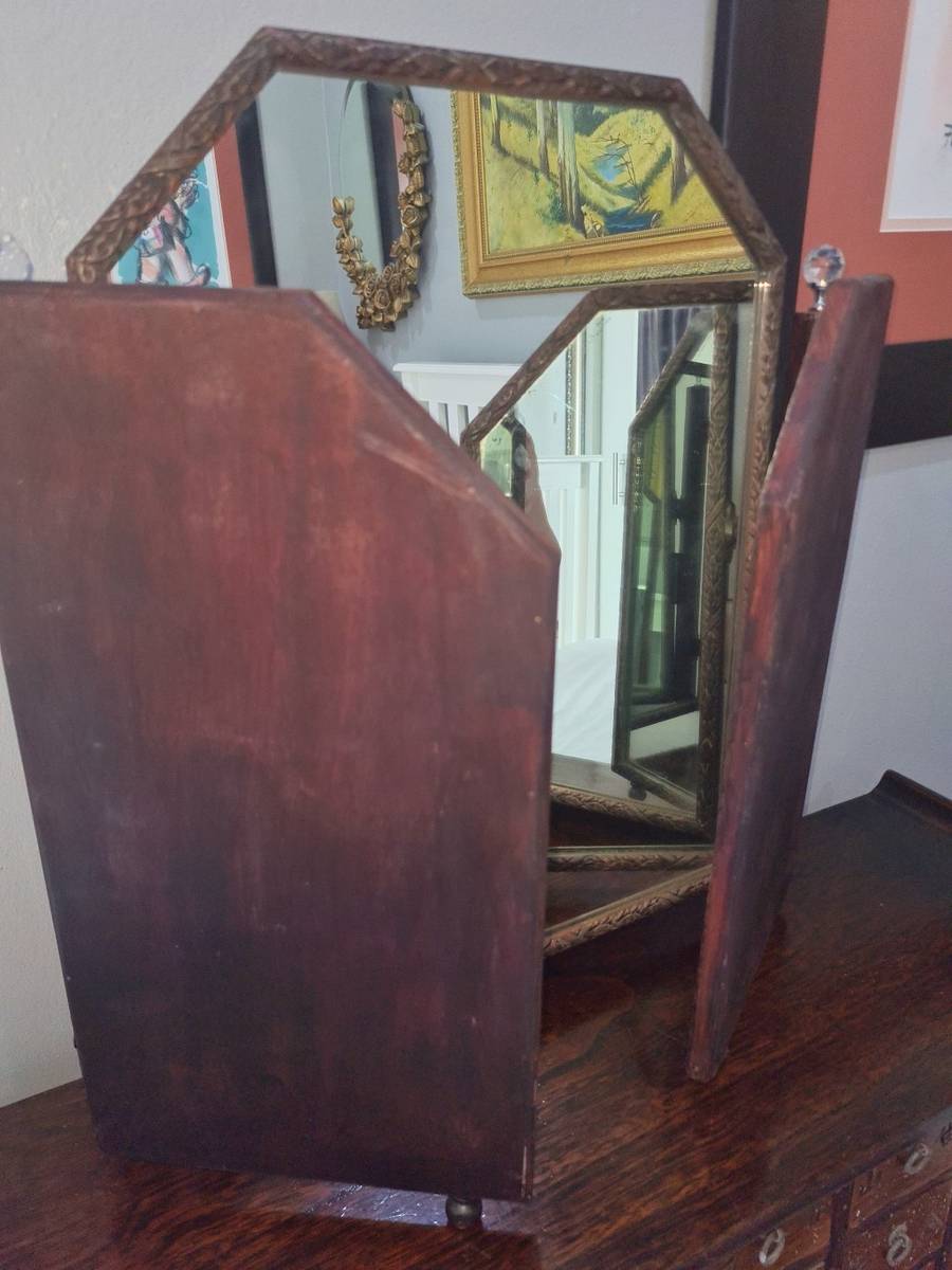 Frames & Mirrors Antique Free standing Wooden Tri fold mirror 48cm high x 82cm wide for sale