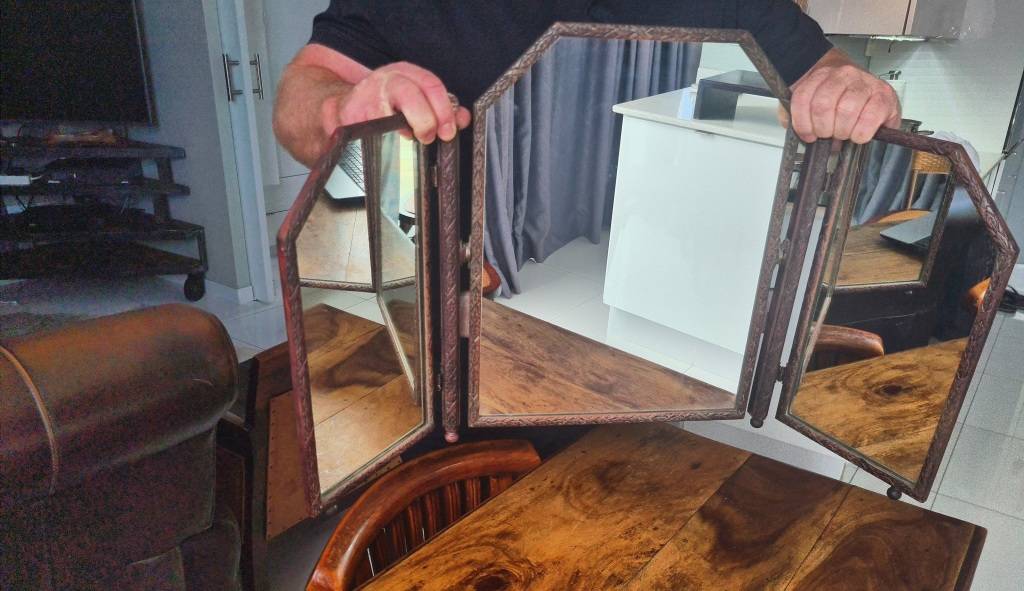 Frames & Mirrors Antique Free standing Wooden Tri fold mirror 48cm high x 82cm wide for sale