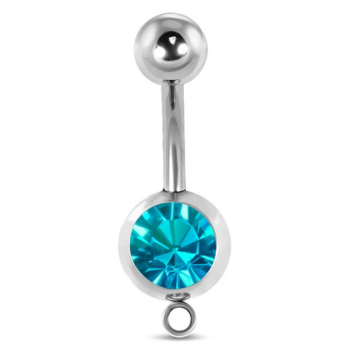 Stainless Steel Curved Barbell Banana Belly Button Navel Ring w/ Hoop & Sea Blue CZ - QPC411