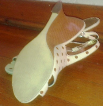 cream and brown-spotted wedge sandals from Rage - peep toe with open heel - R120