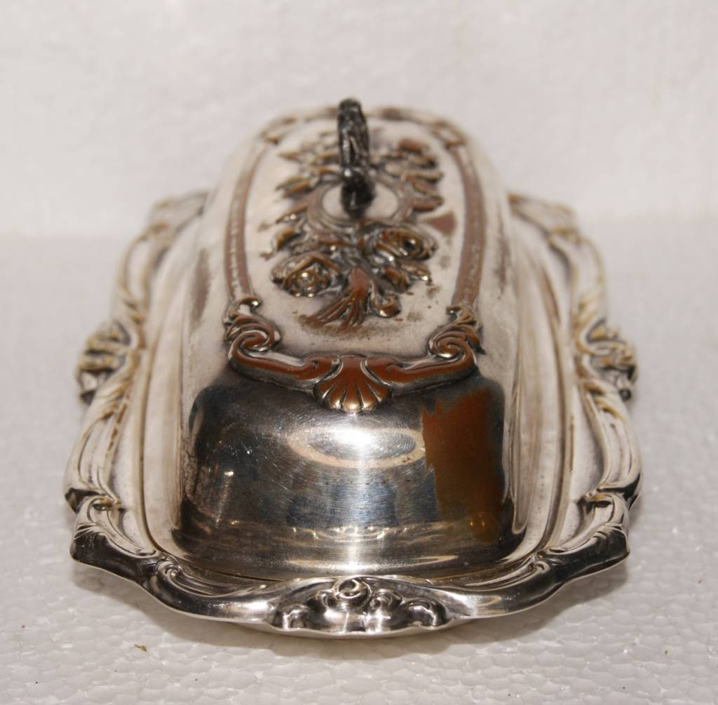 Silver Unity Plate Butter Dish with Embossed Roses and Pierced Finial