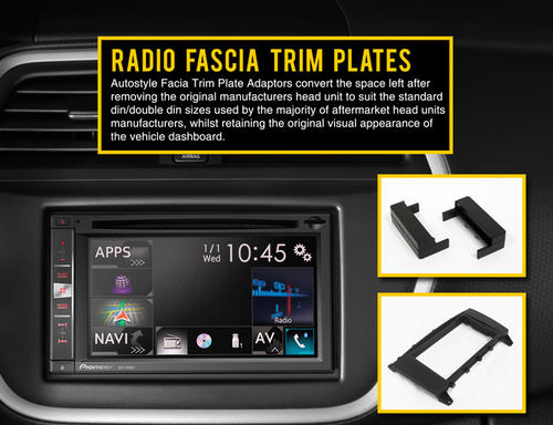 Autostyle Facia Trim Plate Adaptors convert the space left after removing the original manufacturers head unit to suit the standard din/double din sizes used by the majority of aftermarket head units manufacturers, whilst retaining the original visual appearance of the dashboard   Enables the simple installation of an aftermarket car stereo Suitable for all single DIN aftermarket head units Retains the original look and feel of vehicle dashboard Simple fitting speeds up the fitting of the car stereo   *if listing is out of stock, we can order this on request*