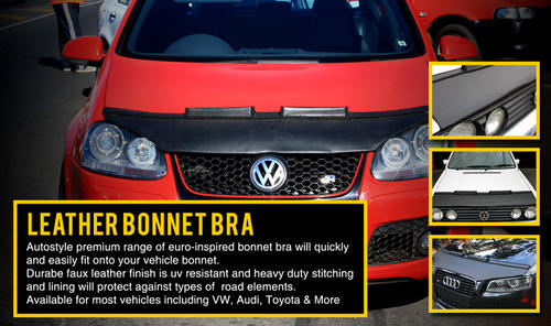 Leather Bonnet Bra  Autostyle premium range of Euro-inspired bonnet bra will quickly and easily fit onto your vehicle bonnet Durable synthetic leather finish is UV-resistant and heavy duty stitching and lining will protect against all types of road elements. Available for most vehicles including VW, Audi, Toyota and more... *if listing is out of stock, we can order this on request*