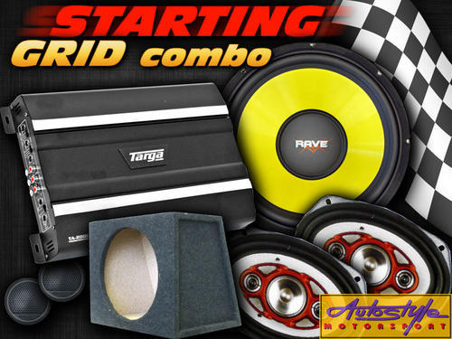 Starting Grid Combo Includes: -Rave 1500w SVC Subwoofer -Targa 2000w 4ch Amplifier -Audioblast 500w 6X9 4way Speaker -Evo 300w Tweeter -Box 12