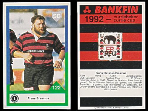 Rugby - 1992 Bankfin Curry Cup Rugby Card - Frans Erasmus. was sold for ...