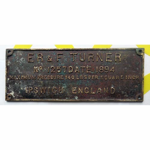 ef turner england machine plate 1894 no 1257 maximum pressure 140 lbs per square inch ipswich great britain uk
