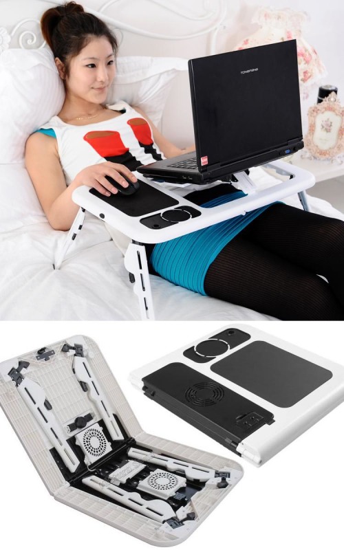 Portable foldable laptop ipad table etable e-table USB port cooling fan STUDENTS sick ill recovery in bed business travel movies