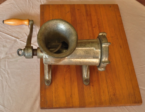 Vintage hand crank meat grinder/mincer on wooden stand - OC no. 22