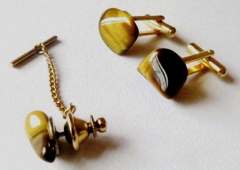 Vintage gold tone cuff links and tie tack with Gold Tigereye stones in original box