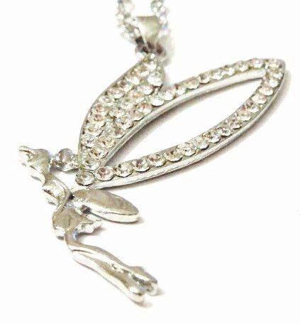 Large Tinkerbell pendant with sparking wings flying on a silver tone chain