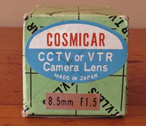 Vintage Japanese made Cosmicar CCTV or VTR 8.5 mm F 1.5 camera lens in original box 
