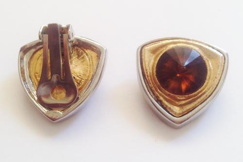 Vintage triangular two tone clip-on earrings with cut amber coloured glass stone