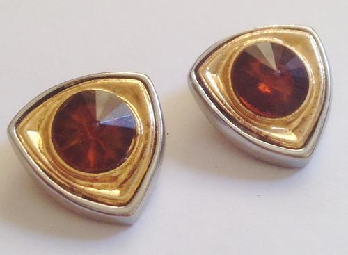 Vintage triangular two tone clip-on earrings with cut amber coloured glass stone