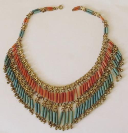 Vintage Art Deco Egyptian revival brass and Egyptian faience bib necklace